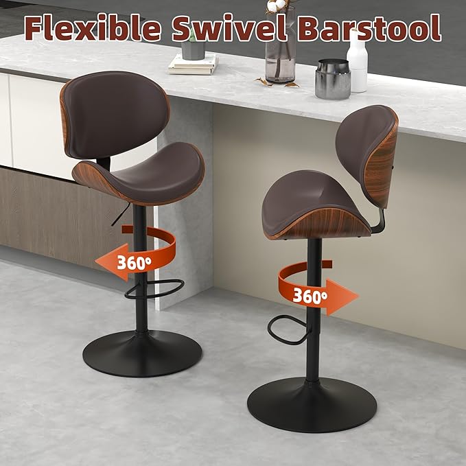 civama Bar Stools 1 PC for Kitchen Counter, Adjustable Bar Height Chairs, Modern Swivel Barstools with Bentwood Seat and Back with Footrest for Kitchen Island, Dining Room, Brown PU Leather