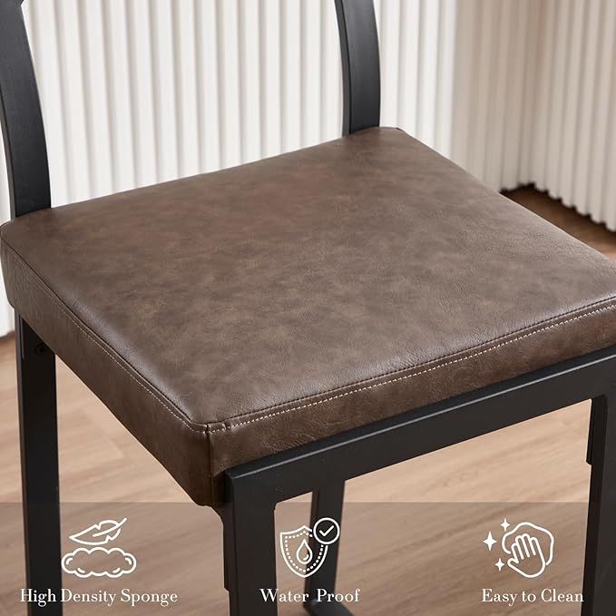 26’’ Modern Bar Stools Set of 4, Upholstered PU Leather Bar Chairs with Backrest Armless Counter Height Stools with Metal Frame for Kitchen Island Dining Room, Grayish Brown