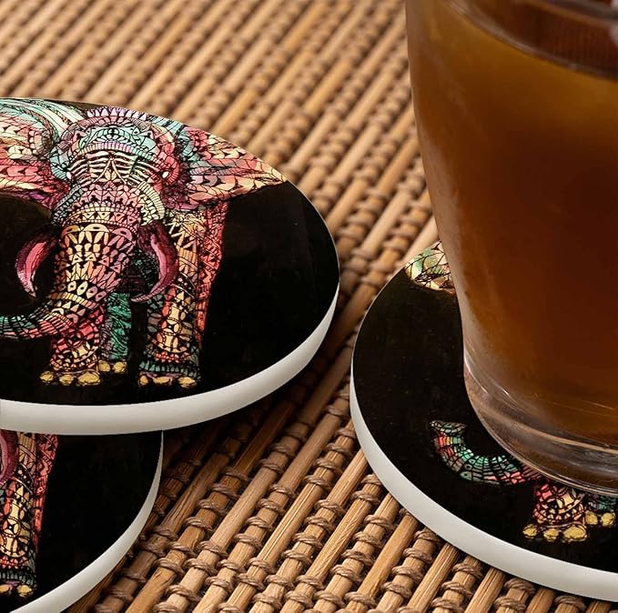 Tribal Elephant Table Coasters for Drinks Vintage Boho Colourful African Animal Isolate Portrait 100% Diatomite Home and Dining Room Bar Decor 4 X 4 X 0.35 Inch for Men Women