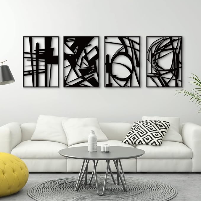 Glamativity Large 4 Pack Black Abstract Metal Wall Art, Minimalist Décor Single Line Art Wall Décor, 3D Textured Metal Wall Sculptures, for Living Room Bedroom Bathroom Study Room (Black, L Size 22.5