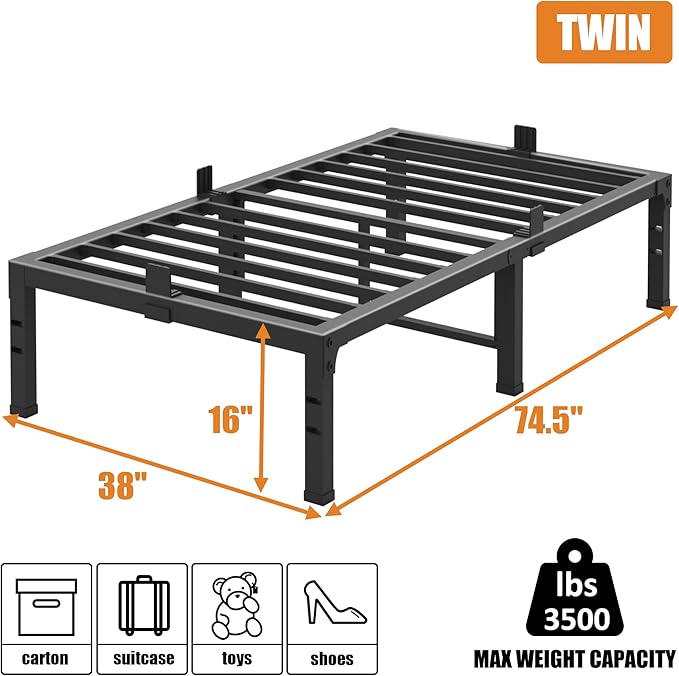 FUIOBYVV Twin Bed Frames,16 Inch Heavy Duty Metal Platform Bed Frame Twin Size Support Up to 3500 lbs,No Box Spring Needed,Headboard Compatible,Steel Slat Support,Noise Free,Easy Assembly