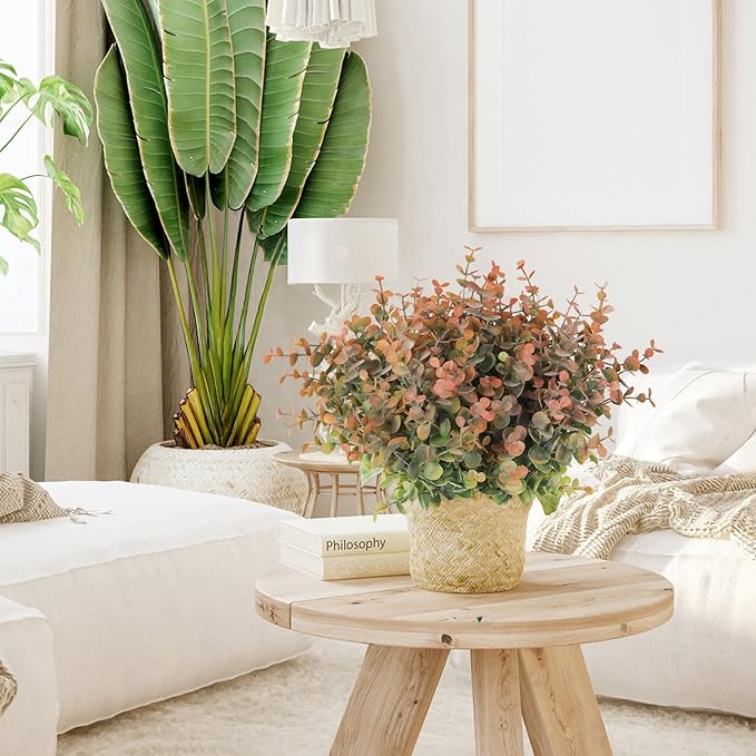 RECUTMS 12 Bundles Fake Bushes Artificial Plants Outdoor Faux Plant Eucalyptus Stems Fake Porch Plants for Farmhouse Bathroom Office Vase Centerpiece Indoor Outdoor Decor(Dusty Orange)