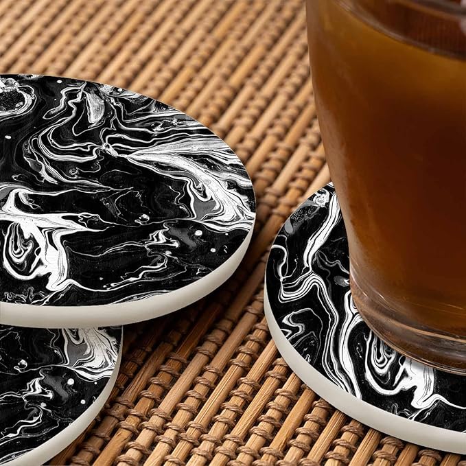Black Artistic Graphic Dye Coasters for Drinks Office Coffee Table Monochrome Water Surface Art Fluid Ink Liquid Living Room Decor Set of 2 for Cold Drinks Wine Mugs and Cups 4 Inch