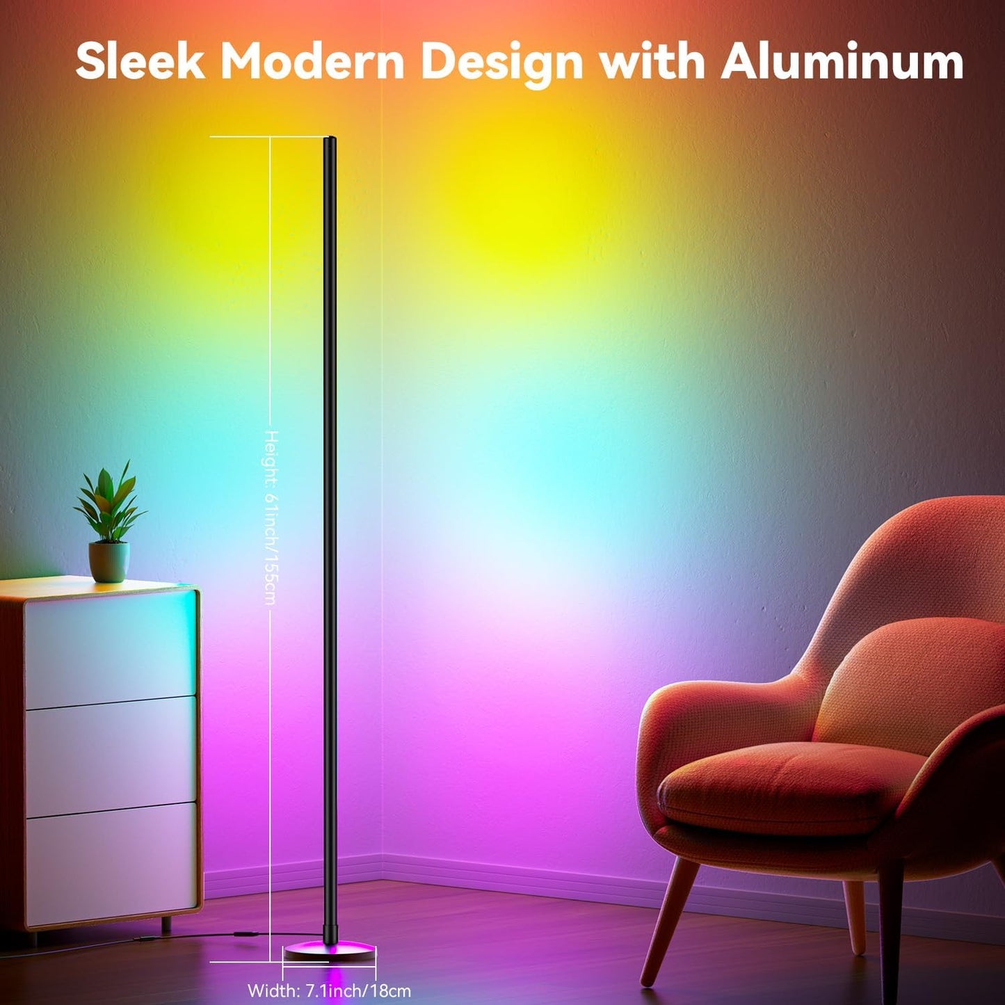 Modern Floor Lamp, Smart RGB LED Floor Lamp with App & Remote Control, 16 Million Colors & 200+ Scene Modes, Corner Lamp with Timer and Music Sync, Standing lamp for Bedroom Home Decor