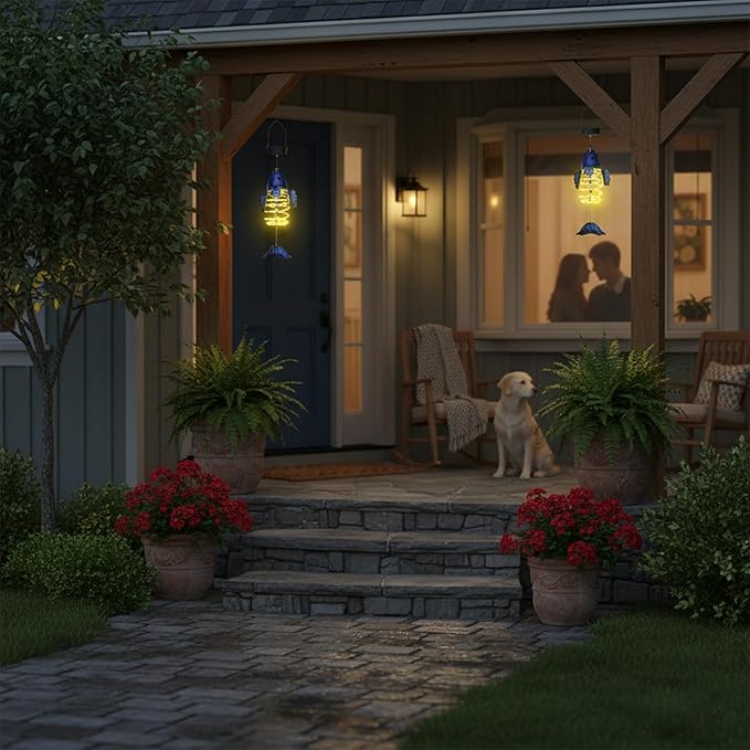 2 Pack Fish Solar Lights Outdoor Hanging Lantern with Handle, Solar Powered Butterflies Garden Decor for Outside Patio Yard Porch Pathway Butterfly Gifts for Women (Warm White LED Lights)