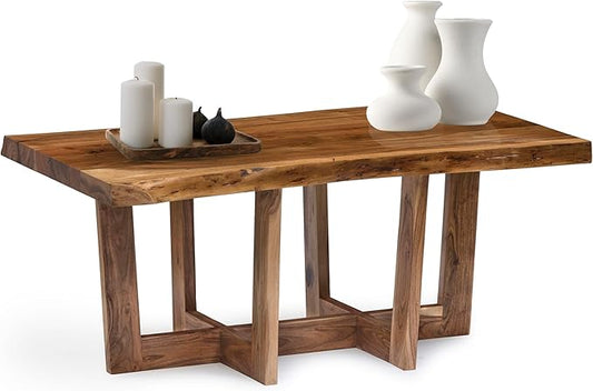 Berkshire 42-Inch Live Edge Coffee Table – Handcrafted Solid Acacia Wood in Minimalist Design and Natural Finish with Cross-Braced Wood Legs and Floor Protectors – Modern Living Room Furniture