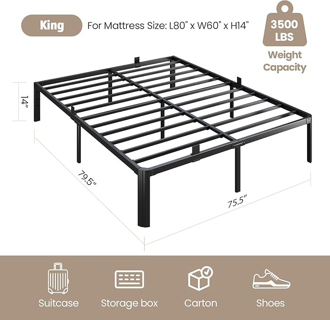 Metal Bed Frame King Size, 14 Inch 3500 lbs Heavy Duty Platform Bed FramesSteel Slats Noise Free No Box Spring Needed, Easy Assemble Sturdy Bedframe with Storage and Mattress Retainers