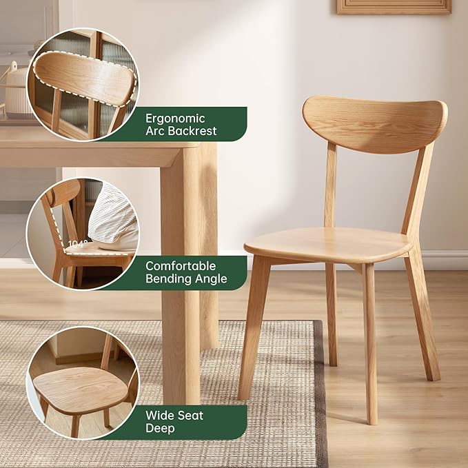 Mid Century Oak Wood Dining Chair, 100% Solid Wood Kitchen Chair with Rounding Edges & Curved Backrest, Modern Armless Accent Dining Chairs for Kitchen Dining, Natural Oak