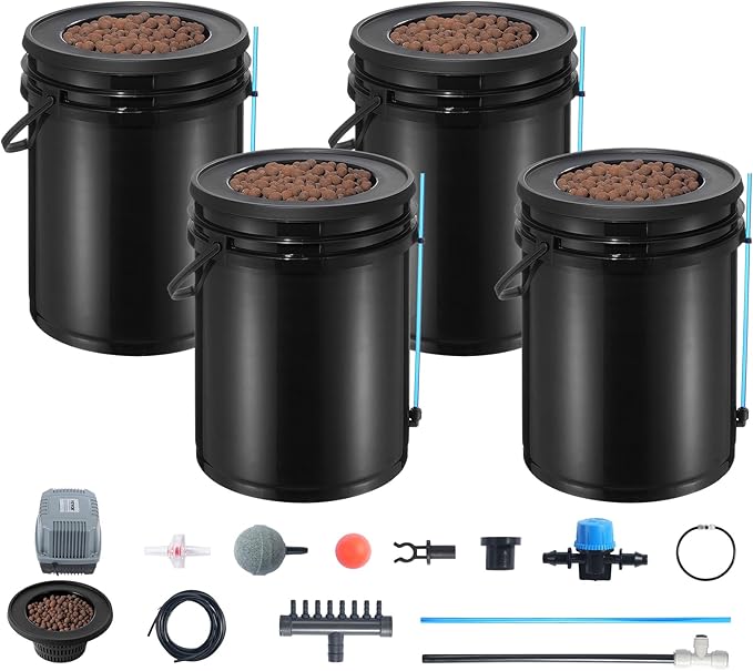 VEVOR DWC Hydroponics Grow System, Hydroponic Growing System with Top Drip Kit, Deep Water Culture 5-Gallon 4 Buckets, with Air Pump, Air Stones and Water Level Device for Leafy Vegetables