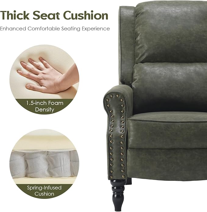 Leather Recliner Chair, Pushback Recliner with Adjustable Backrest Footrest, Mid Modern Reclining Chair with Overstuffed Arms Lumbar Support for Reading, Living Room, Green