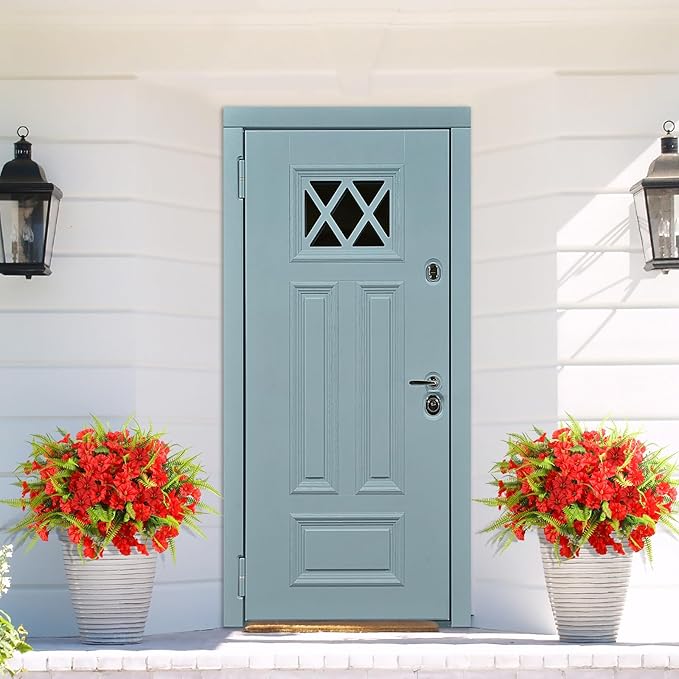 Artificial Flowers Outdoors 12 Bundles Artificial Petunias Fake Flowers UV Resistant Shrubs Plants with Fern for Indoor Outside Hanging Planters Home Garden Summer Decorations (Red)