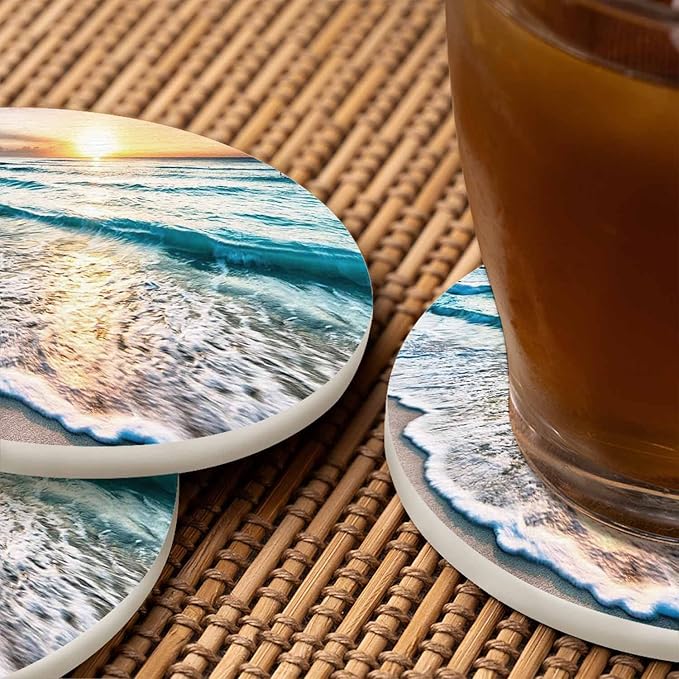 Beautiful Sea Wave and Sky at Sunset Cup Coasters for Table Clear Coast Beach Seascape Summer Travel Reusable Drink Coasters Set 2 Pcs Coffee Home Farmhouse Living Room Bar Decor