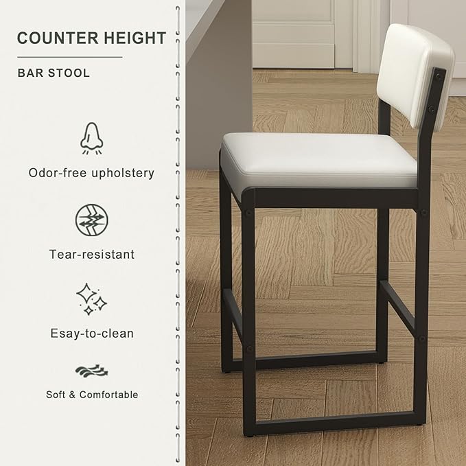 Mid Century Modern Counter Height Bar Stools Set of 3, 26" Bar Height Chairs with Backs, Upholstered Counter Stools, Metal Barstools for Kitchen Island (White- Faux Leather, 26"H - Set of 2)