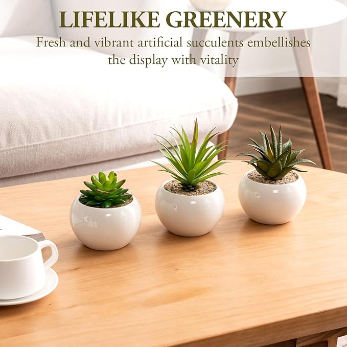 MyGift Mini Assorted Artificial Succulents in Round White Ceramic Pots, Mixed Realistic Indoor House Plants, Set of 3
