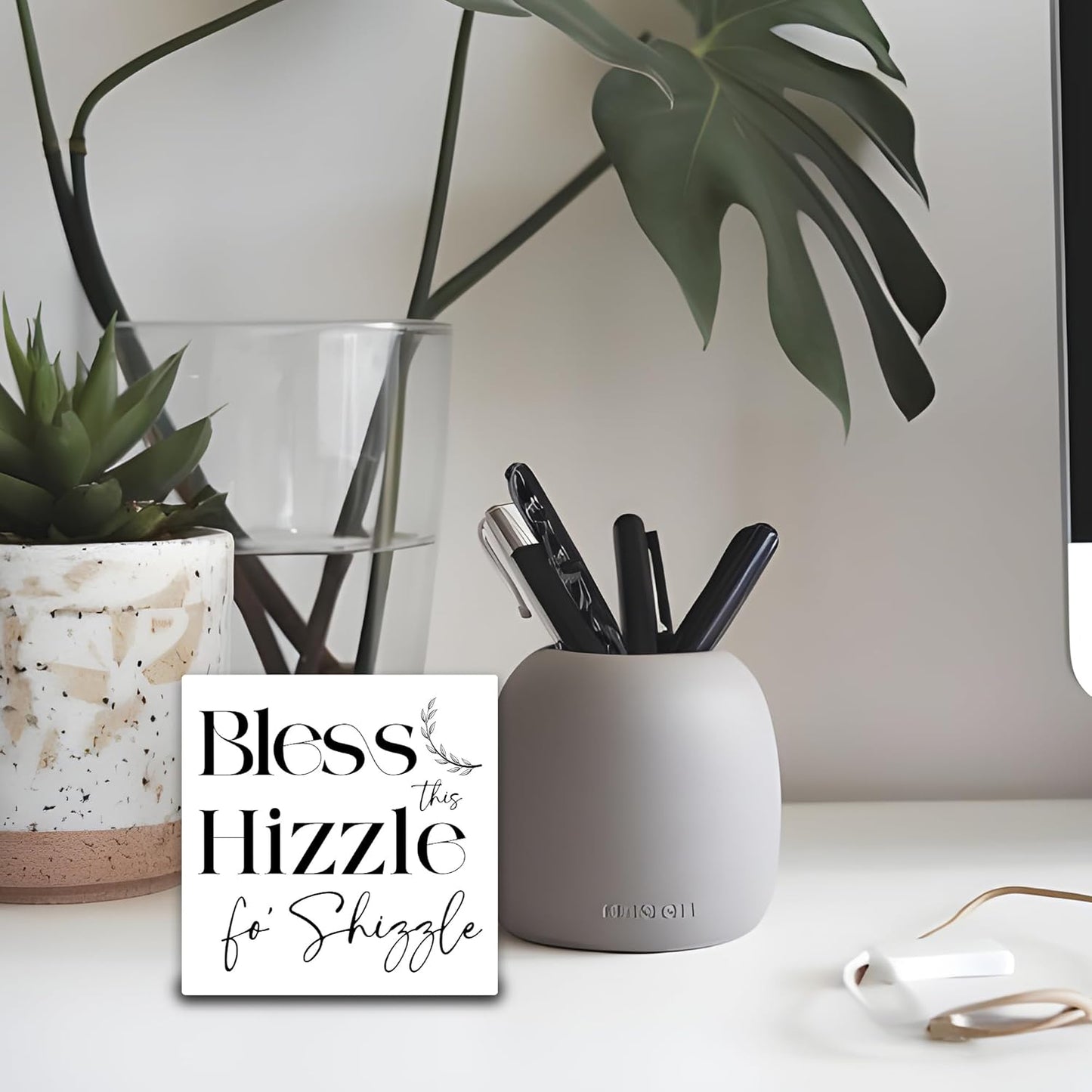 Bless This Hizzle Fo Shizzle Wooden Block Plaque - White Tabletop Sign Decor For Friend Family Coworker - 5"x5" Room Office Home Wood Block - Funny Desk Gifts Favors & Supplies - A09