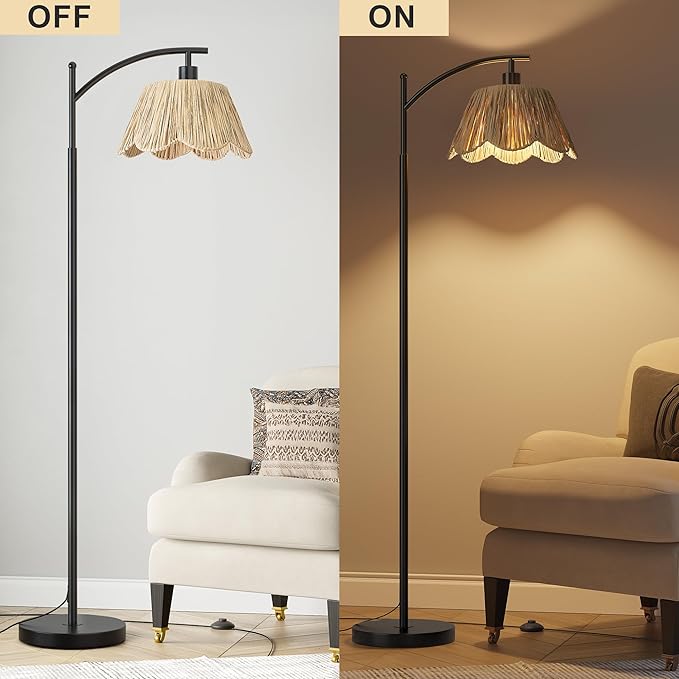 Oneach Arc Floor Lamp for Living Room,Rattan Boho Floor Lamp with Hand-Woven Shade, Foot Switch,Black Metal Base & Pole,Farmhouse Standing Lamp for Bedroom Corner,Reading