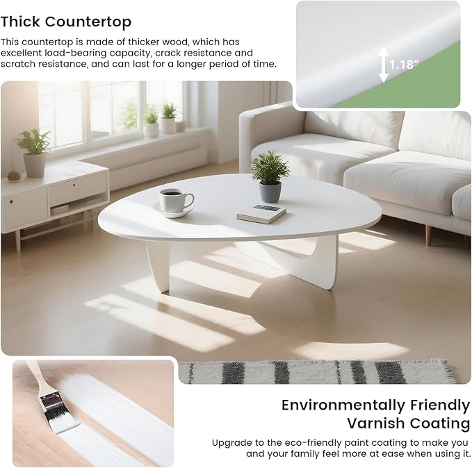 Solid Wooden Modern Triangle Coffee Table: Unique Funky Coffee Tables for Living Room, Oval Mid-Century Irregular Abstract Tea Tables for Patio Office Balcony Bedroom (White, 43" L x 31" W x 16" H)