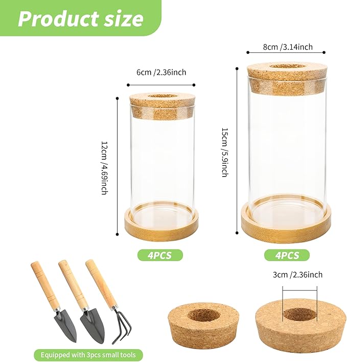 8 Pcs Plant Terrarium Desktop Glass Planter Plant Propagation Tabletop Propagation Vase Containers with Cork and Wooden Saucer for Growing Hydroponic Plants Garden Home Office Decor-