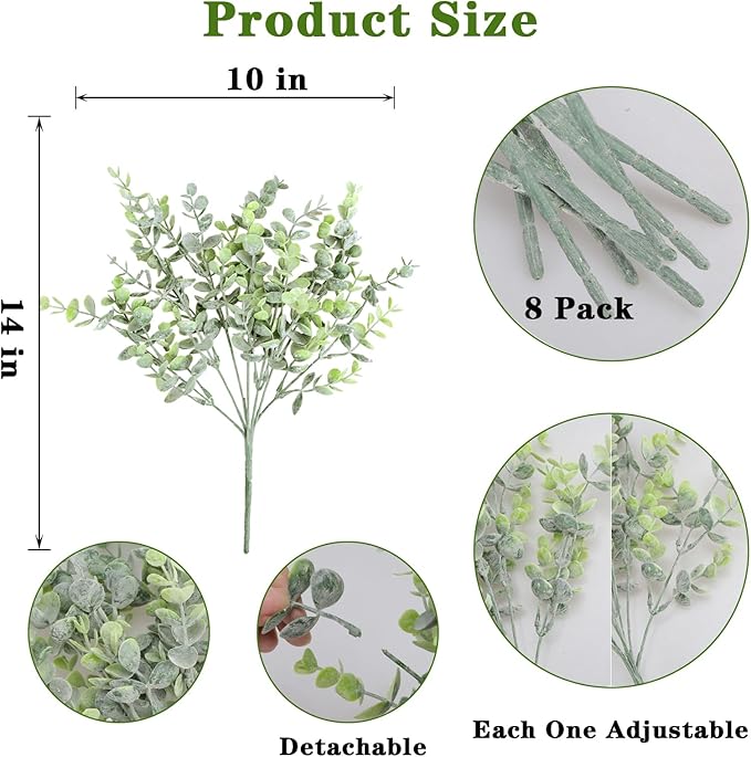 summer flower 8pcs Artificial Eucalyptus,Light Green Grey Outdoor UV Resistant Aritificial Bouguet for Decoration
