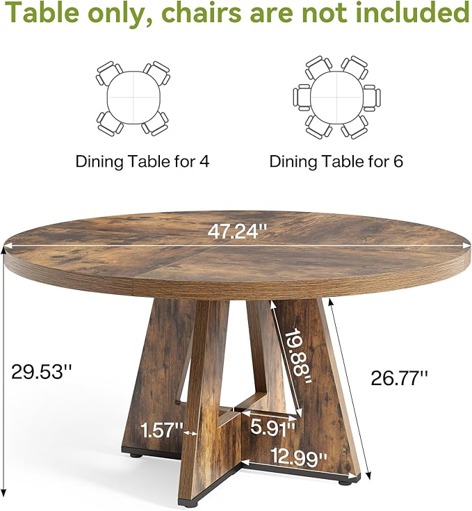 LITTLE TREE Round Dining Table for 4-6 People, 47 Inches Dining Room Table with Wooden Pedestal Base, Circle Kitchen Tables for Dining Room, Kitchen, Living Room, Rustic Brown