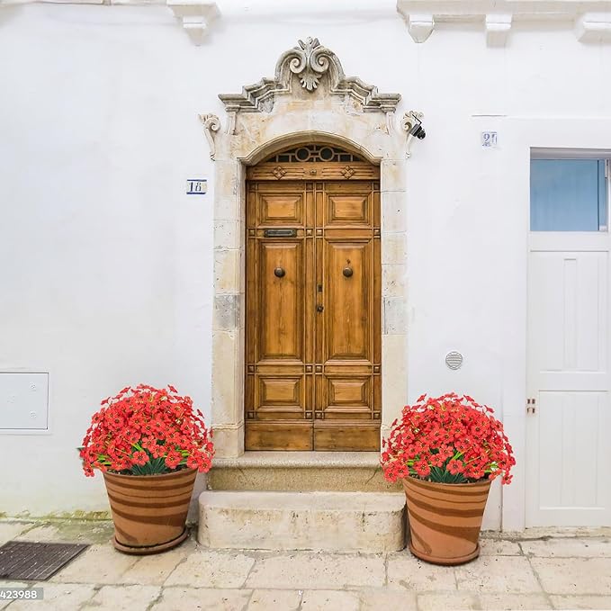 Outdoor Artificial Flowers 21 UV Resistant Bundles Fake Flower Plastic Plants Faux Silk Flowers Porch Hanging Garden Porch Window Box Decorating (Red)