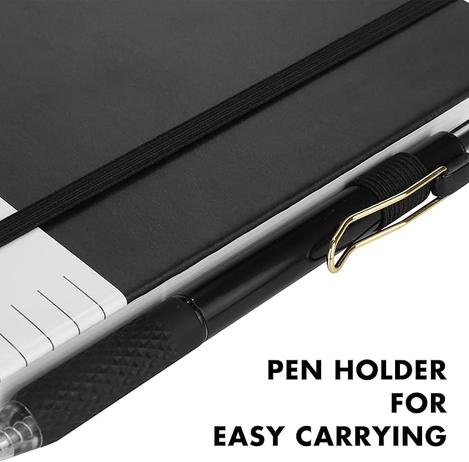 Aodaer Lined Notebook Journal with Pen A5 Notebooks 100 GSM College Ruled Hardcover Notebook PU Leather Notepad with Pen Holder for Office School, 5.7 x 8.3 Inches, Black