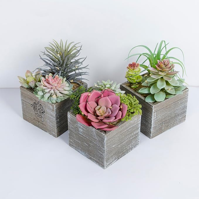 Mingfuxin Small Fake Plants, 3 Packs Mini Succulent Plants Artificial with Led Lights for Indoor Bathroom Bedroom Desk Office Decor