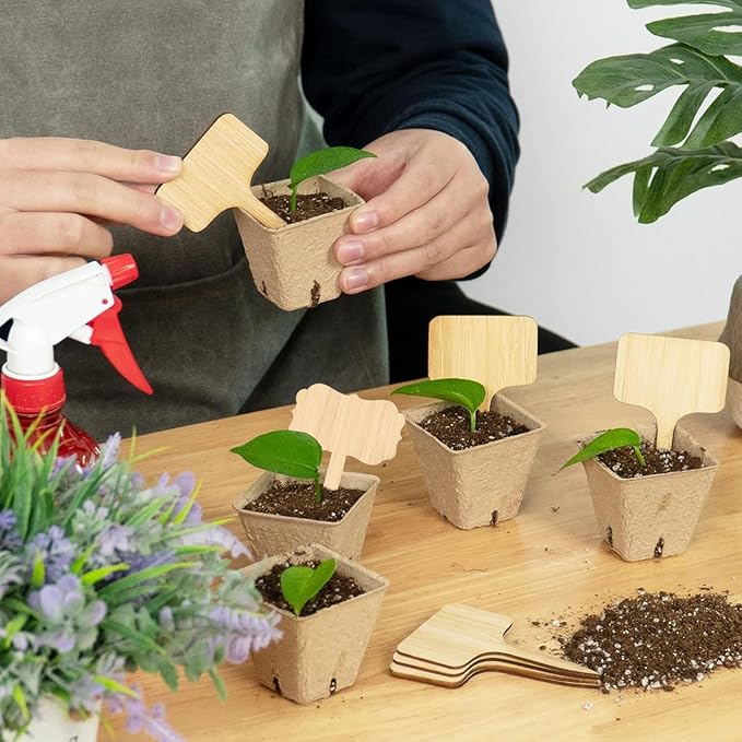 OBTANIM 75 Pack Bamboo Rectangle Plant Labels with A Marker Pen, Garden Markers Sign Plant Tags for Seedling Potted Herbs Flowers Vegetables