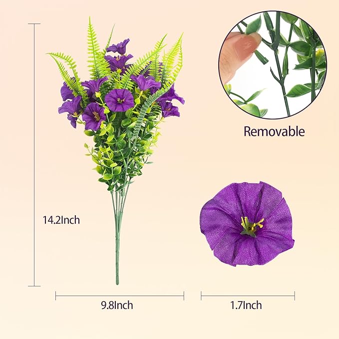 Spring Artificial Flowers Outdoors 12 Bundles Artificial Petunias Fake Flowers UV Resistant Shrubs Plants with Fern for Indoor Outside Hanging Planters Home Garden Decorations (Light Purple)