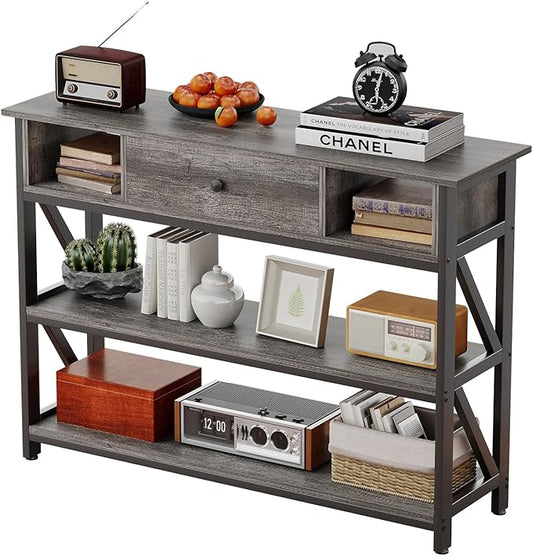 Mexin 39 Inch Console Sofa Table with Drawer, Entryway Table with Storage Shelves, Industrial Wood Hallway Table for Living Room, Couch, Foyer, Kitchen Counter, Grey Oak