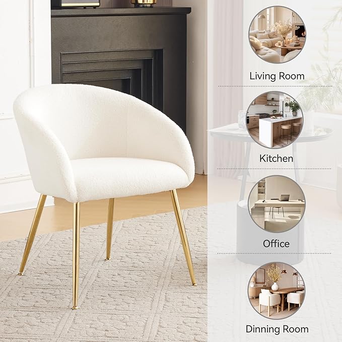 Modern Small Accent Chair Set of 4, Comfy Sherpa Makeup Vanity Chair with Golden Metal Legs, Decorative Dining Chair no Wheels for Living Room, Dressing Room, Bedroom, White