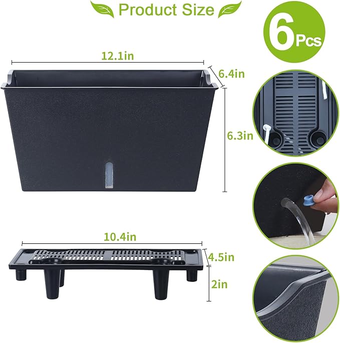 Window Box Planter 6 Pcs, 12.1 Inches Self Watering Plant Pots Rectangle Flower Pots with Drainage Holes and Breathable Trays, Vegetable Planters for Windowsill Patio Garden Balcony Porch Yard (Black)