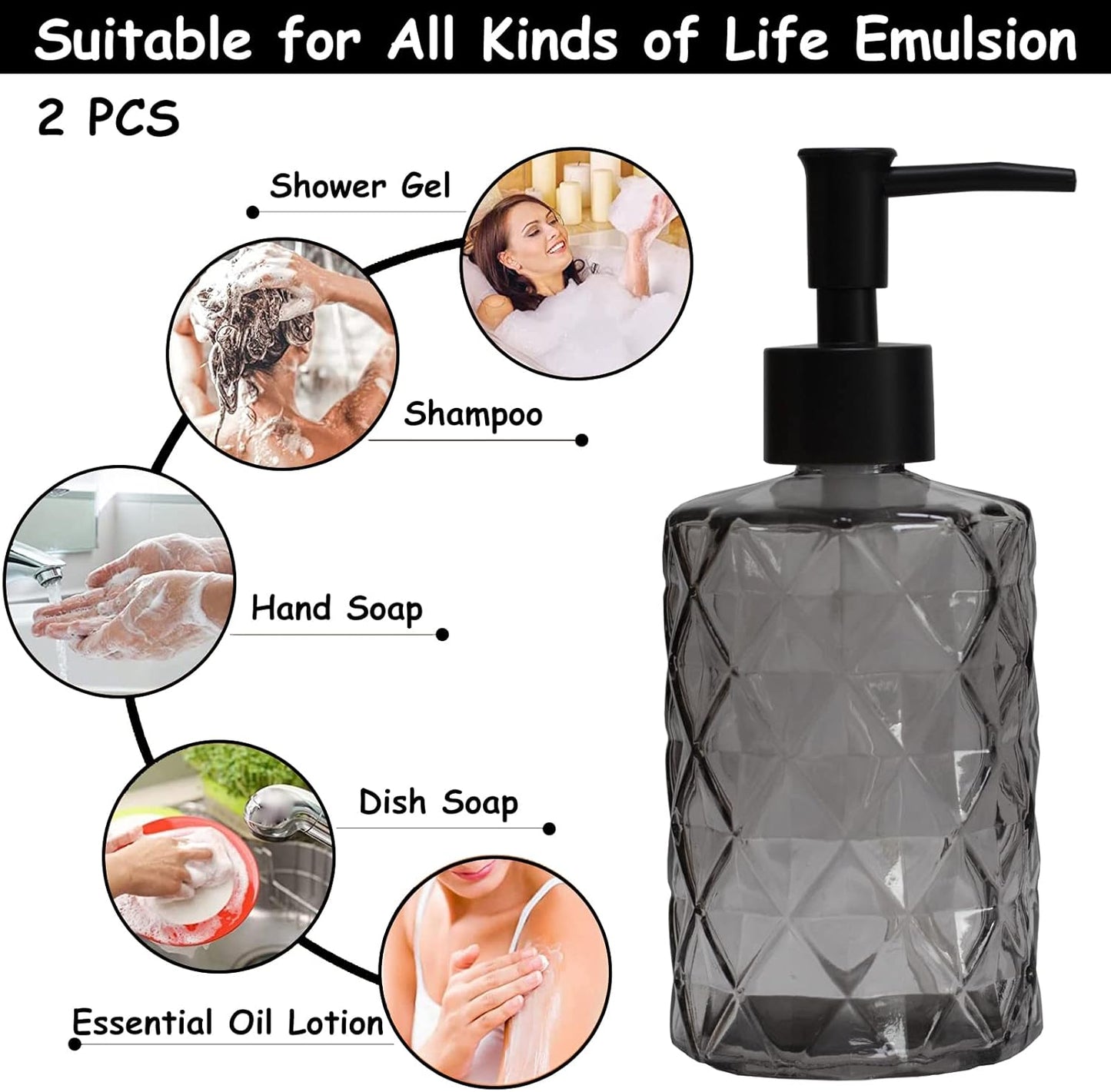 Glass Soap Dispenser with Black Plastic Pump, 12oz Refillable Liquid Hand Soap Dispenser, 2 Pack Crystal Lotion Bottle for Modern Home Decor, Bathroom, Kitchen Countertop, Hotel