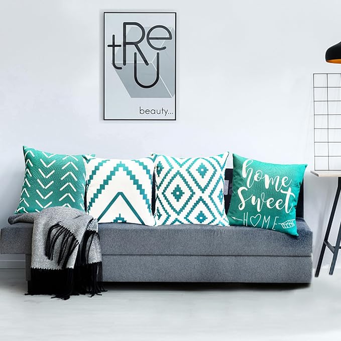 Decorative Throw Pillow Covers Set of 4 Aqua Blue Pillow Covers 22x22 inch Throw Pillows Linen Square Pillow Case,Farmhouse Outdoor Modern Geometric Pillow Covers for Couch Sofa Living Room