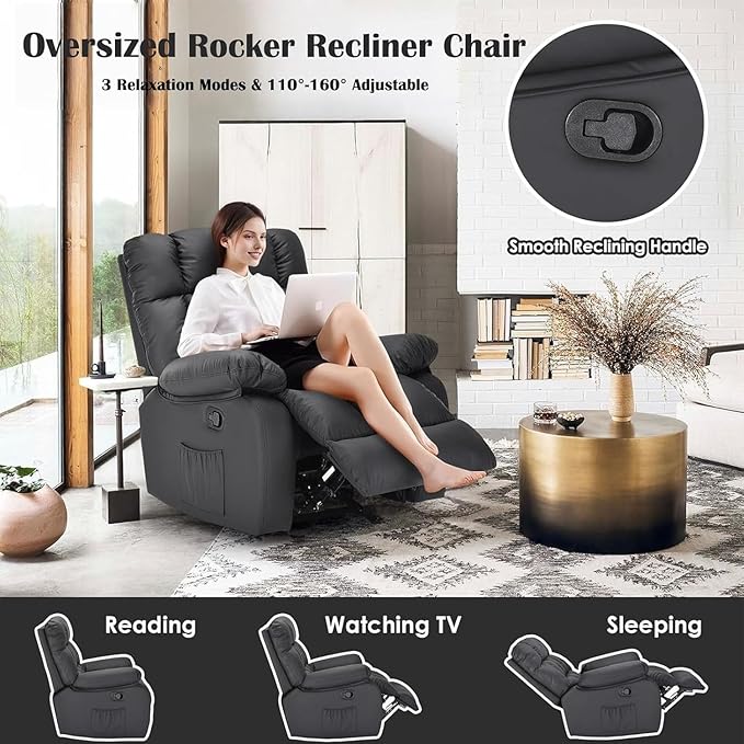 Oversized Recliner Chair, Leather Adjustable Recliner with Side Pockets, Living Room Reclining Lounge Chair for Adults, Small Spaces Comfy Sofa with Theater Seating for Bedroom, Black