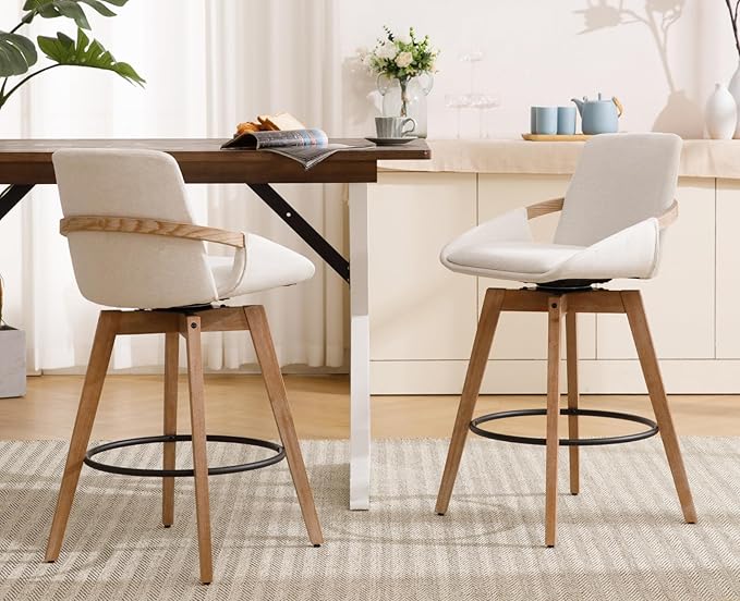 EALSON Swivel Counter Height Bar Stools Set of 2 Mid Century Modern Natural Wood Barstools with Back and Arms Comfortable Upholstered Counter Stools Linen Bar Chairs for Kitchen Island, Beige