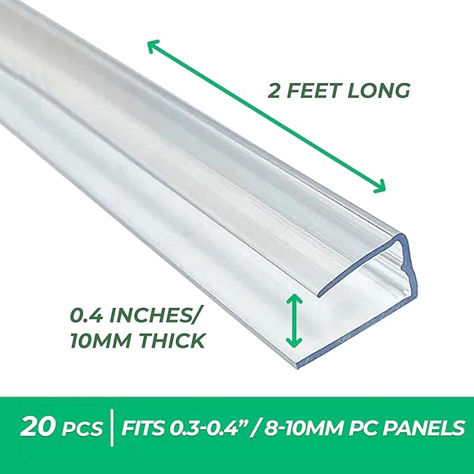 Polycarbonate Greenhouse Panels U Connector Profile - 20 Pieces, 2ft Length, Prevent Dust, Rain & Moisture from Getting into Twin-Wall Greenhouse Panels, Fit 10mm or 8mm Panels (U Connectors 10mm-2ft)