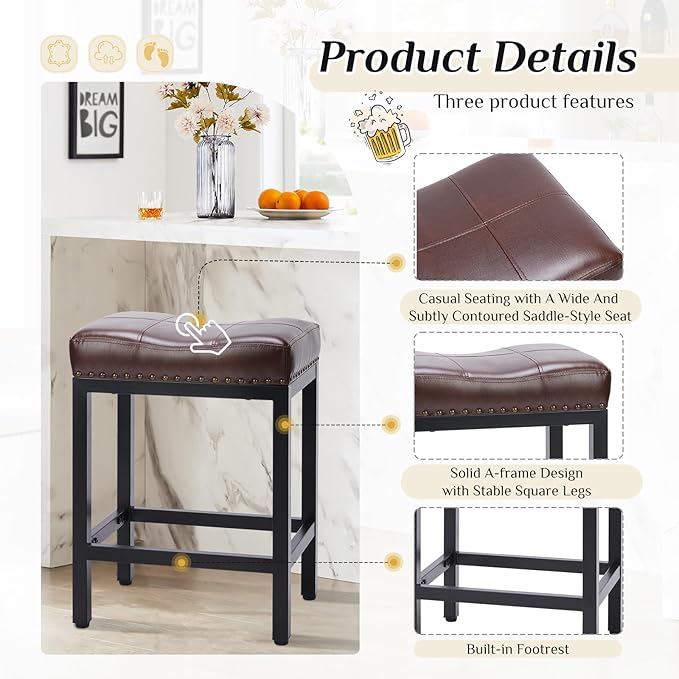 Sweetcrispy Bar Stools Set of 4, 24 Inch Counter Height Stools, PU Leather Upholstered Bar Chairs with Footrest, Modern Bar Stools for Kitchen Island, Dining, Living Room, Modern Brown