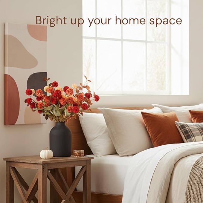 Fall Flowers, Burnt Orange Faux Kiku Flowers Artificial 10 Stems + Eucalyptus, Fake Silk Mums Fall Floral Centerpiece, Autumn Decor, Terracotta Mini Balls Faux Stems For Vase, Decoración de Otoño