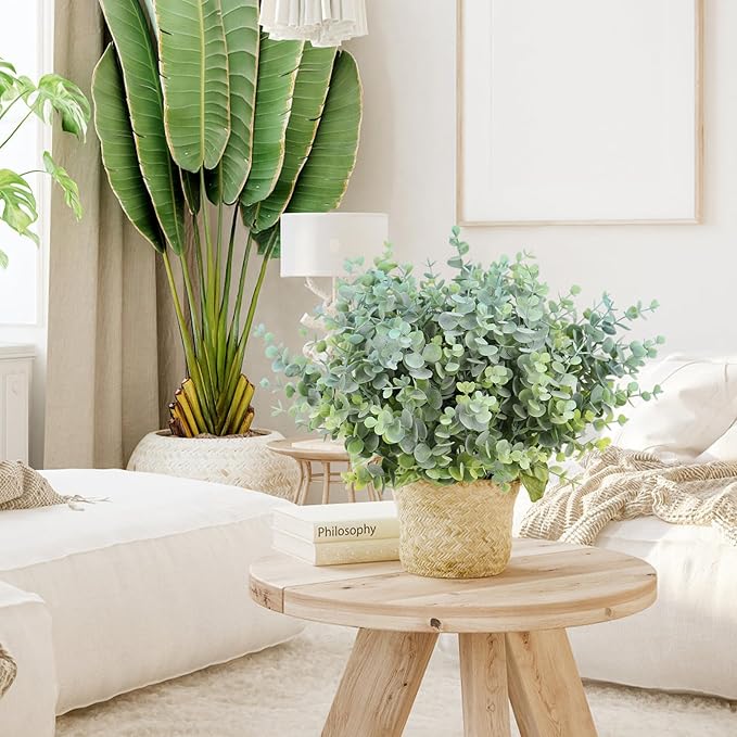 RECUTMS 8 Bundles Artificial Greenery Plants Stems Outdoor Fake Eucalyptus Plants Boxwood Bushes for Farmhouse Bathroom Office Vase Centerpiece Indoor Outdoor Decoration(Dusty Blue)