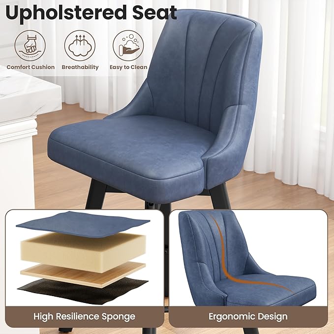 Counter Height Swivel Bar Stool, 24" Upholstered PU Leather Barstools Set of 3, Counter Stool Chair with Back & Solid Wood Legs for Kitchen Island Dining Room (Blue)