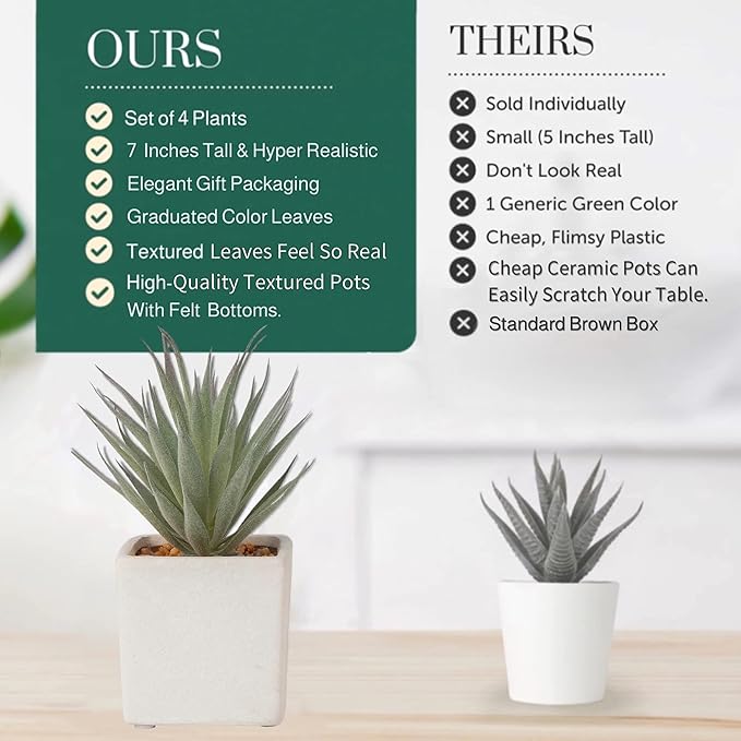 SUNPRAIRIE Classic Set of 4 Faux Succulents 7” Tall in Ivory White Stucco Ceramic Pots-Realistic Multi Colored Artificial Succulents Plants for Home & Office Decor.