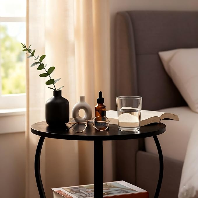 Vintage Small Round Side Table, 3-Tier Slim Waist Circular End Table with Storage Shelf, Compact Tea Sofa Side Table, Round Corner Coffee Table Nightstand for Living Room Bedroom Small Spaces,Black