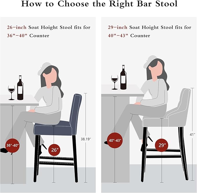 26'' Faux Leather Bar Stools Set of 2, Modern Upholstered Bar Chairs with Back, Soild Wood Legs Barstools for Kitchen Island, Red