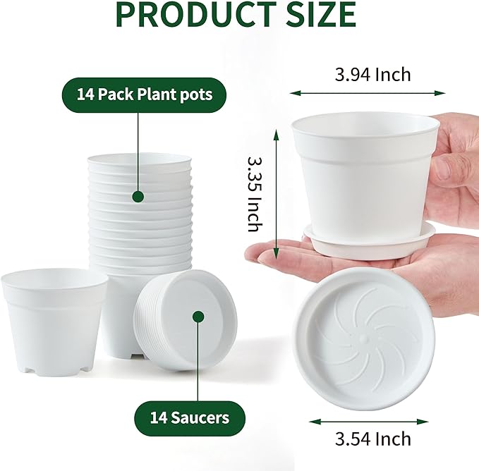 14 Pack 4 Inch Plant Pots, Small Plastic Flower Pots with Drainages and Saucers, Easy Plant Stackable & Reusable Nursery Decorative Garden Planters Pots for Home Indoor or Outdoor Plants, White