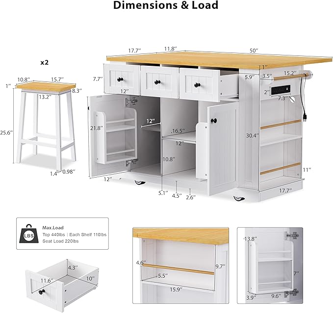 Merax 53" Upgraded Kitchen Cart Island with 2 Bar Stools on Wheels with Power Outlet,Drop Leaf,3 Drawers and 5 Open Side Racks,Wood Storage Cabinet