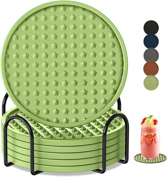 Coasters for Drinks 6 Pack Drink Coaster with Holder,Heat Resistant Silicone Cup Mat Tabletop Protection,Non-Slip Rubber Coasters for Kinds of Cups (Green)