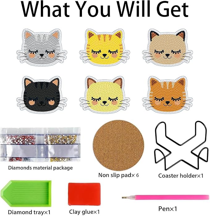 8 PCS Cat Diamond Art Coasters Kits, Diamond Painting Coasters with Holder Set of 8, DIY Drink Coasters Art Crafts Supplies for Adults Cup Mat for Home Decor House Warming Gifts Non-Slip 3.9inch