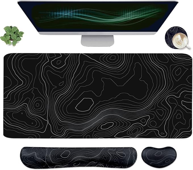 Topographic Mouse Pad Set, Extended Mouse Pad+Keyboard Wrist Rest, Memory Foam Ergonomic Easy Typing, 4Pcs (35.4×15.7 in) Desk Pad Set for Home Office Study Game-Topographic Contour