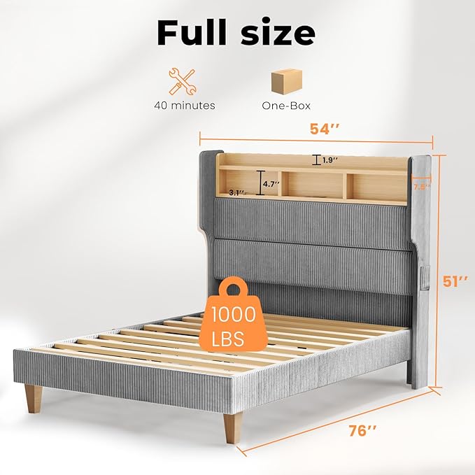Full Size Bed Frame with 51" Tall Corduroy Wingback Headboard and Storage Shelf, Upholstered Platform Bed with LED Lights & Charging Station, No Box Spring Needed, Easy Assembly, Grey